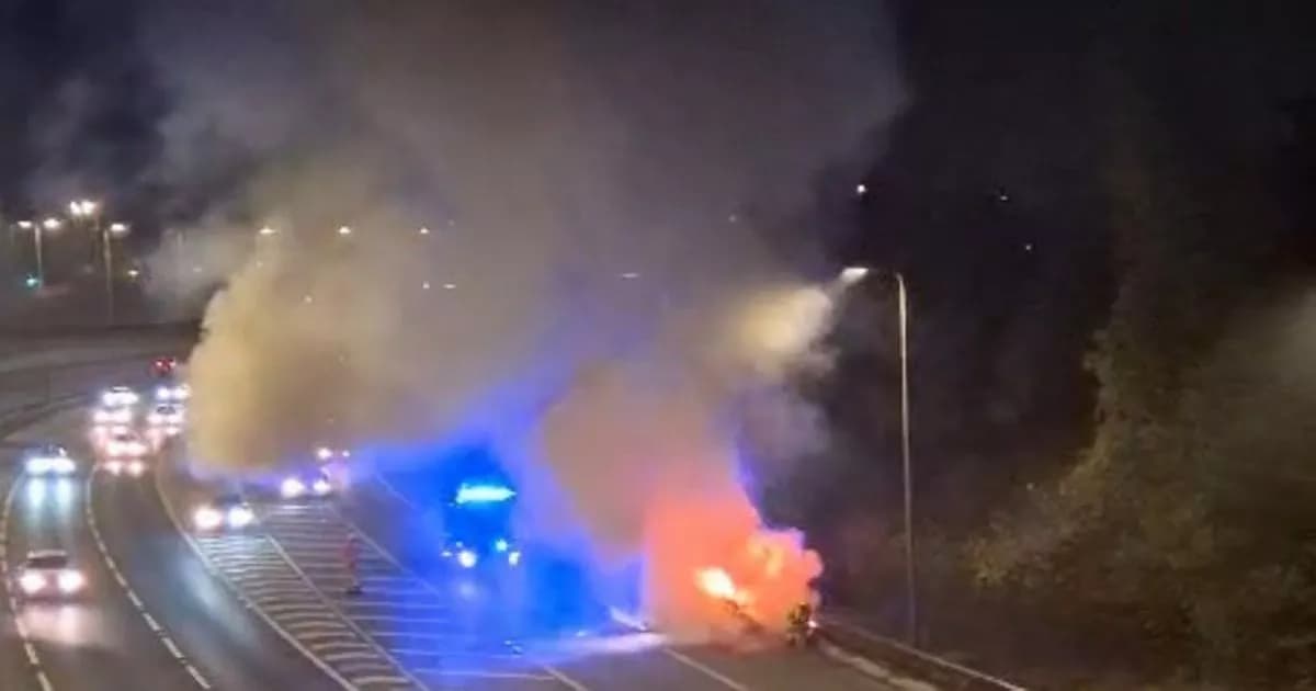 Traffic stopped on M60 and emergency services on scene as van engulfed by flames - Manchester Evening News