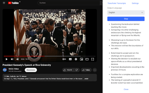 一键实时总结成要点。支持30多种语言翻译。字幕可用ChatGPT转换。